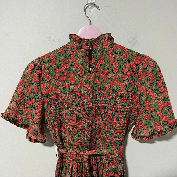 Banjanan Green Red Floral 100% Cotton Smocked Mini Dress XS - Picture 3 of 8